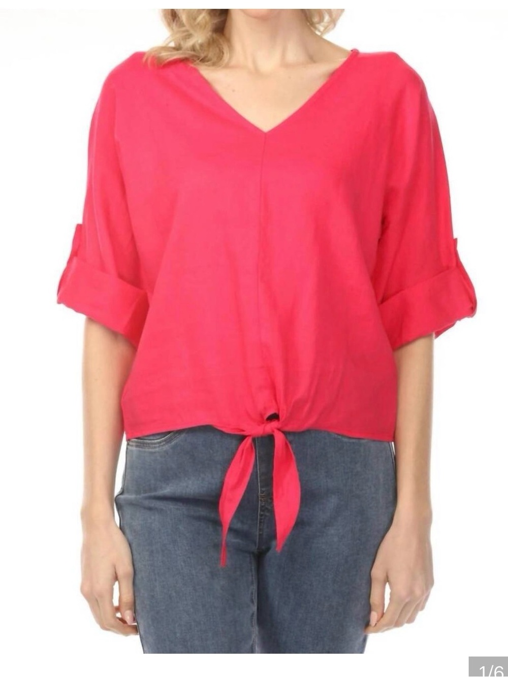 Charlie B Paradise Pink/Fuchsia Linen Blend V-Neck 3/4 Roll-Tab Sleeve Front Tie